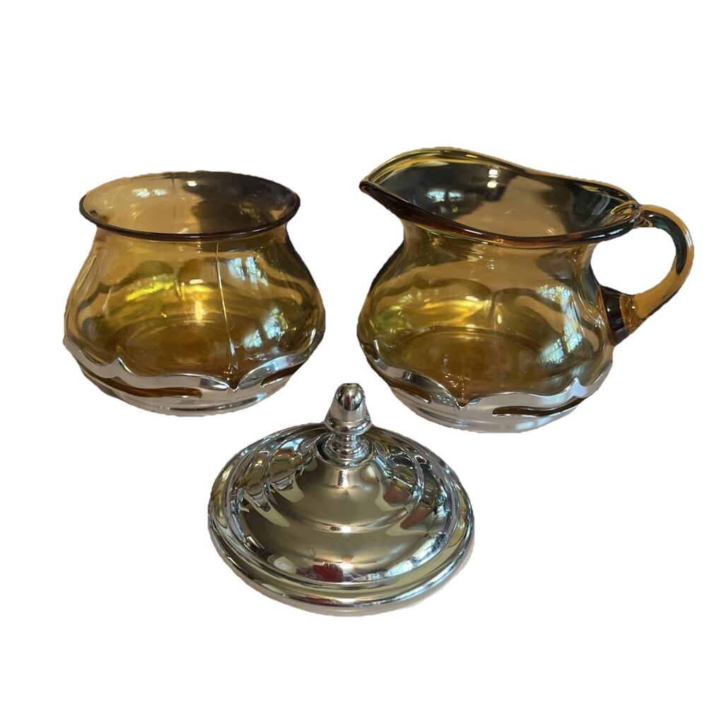 VTG NY Faber Bros Krome-Kraft Glass Honey Gold Chrome Creamer & Sugar w/Liid Set